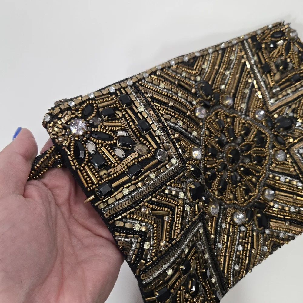 Chico's Black and Gold Beaded Wristlet Clutch